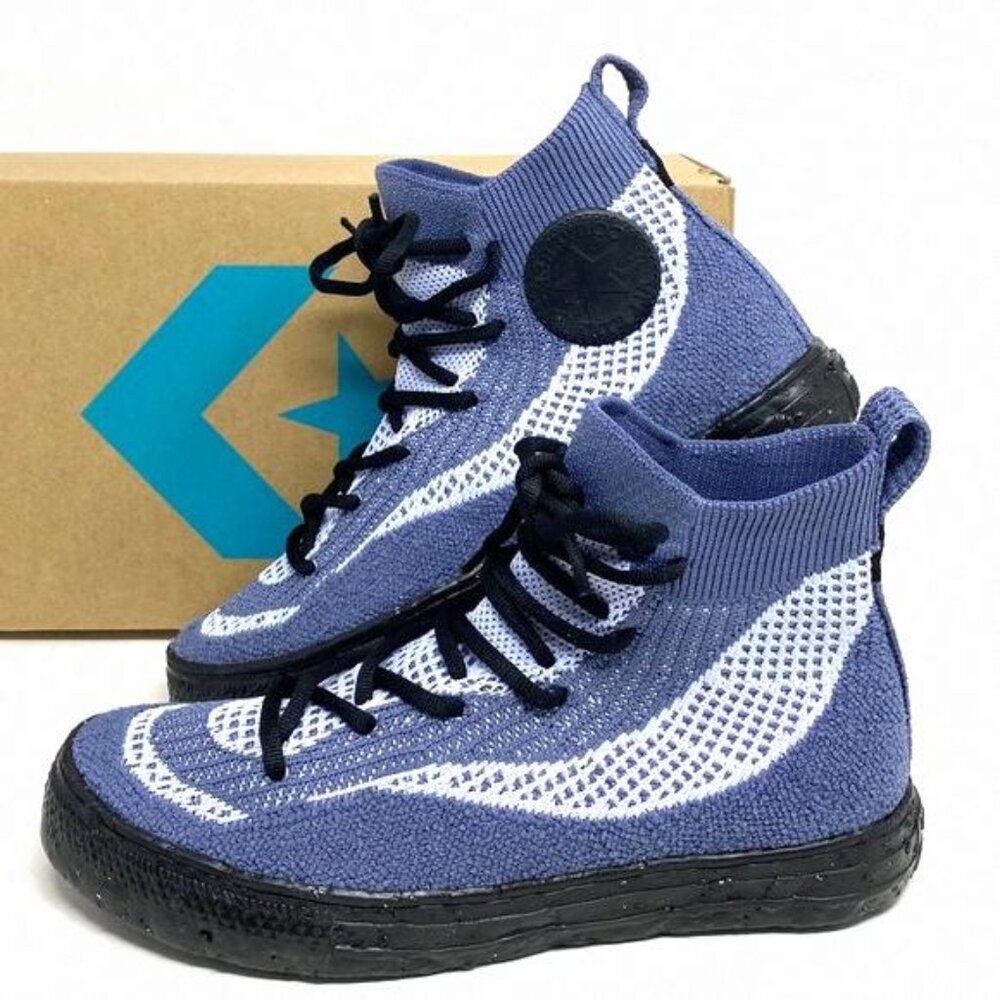 Converse High-Top Knit Sneakers in Blue and White with Black Soles